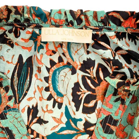 Ulla Johnson Top Jade Imari Dress Blouse Floral Blue Green Short Puff Sleeve 6 M - Picture 6 of 8